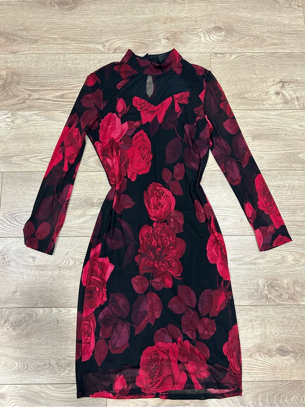 Alexa b nites black red rose floral mesh midi dress women's size 8